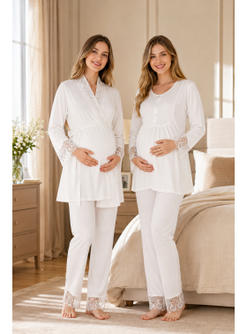 Ekru Dantelli Uzun Kollu Lohusa Hamile Pijama Takımı Sabahlık 33007 Ekru Dantelli Uzun Kollu Lohusa Hamile Pijama Takımı Sabahlık 33007